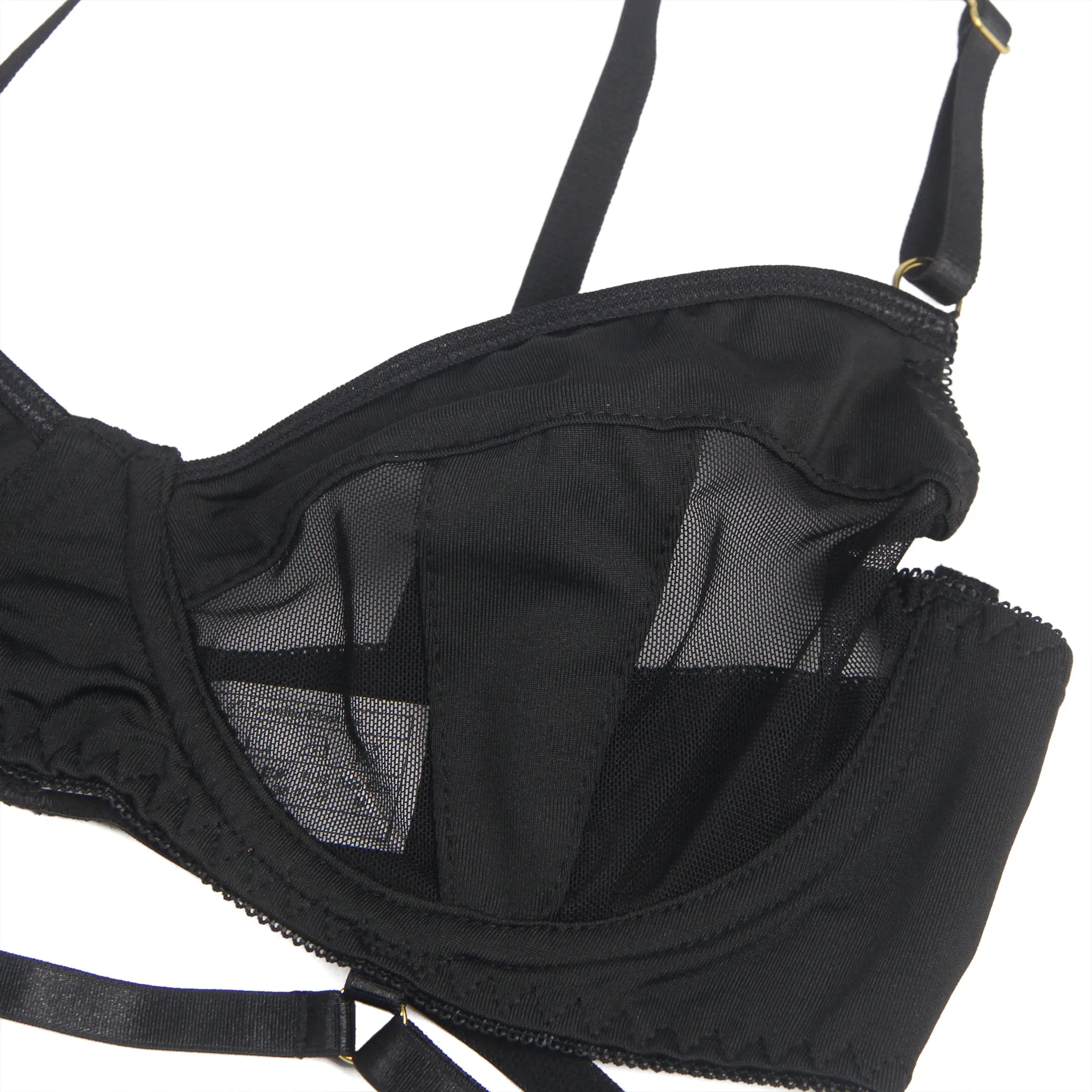 Black Mesh Underwire Garter Lingerie Set