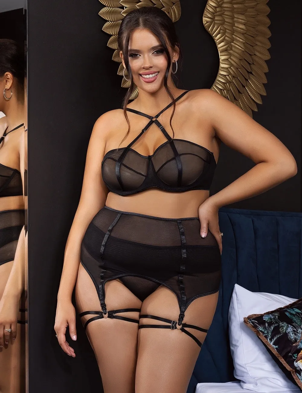 Black Mesh Underwire Garter Lingerie Set