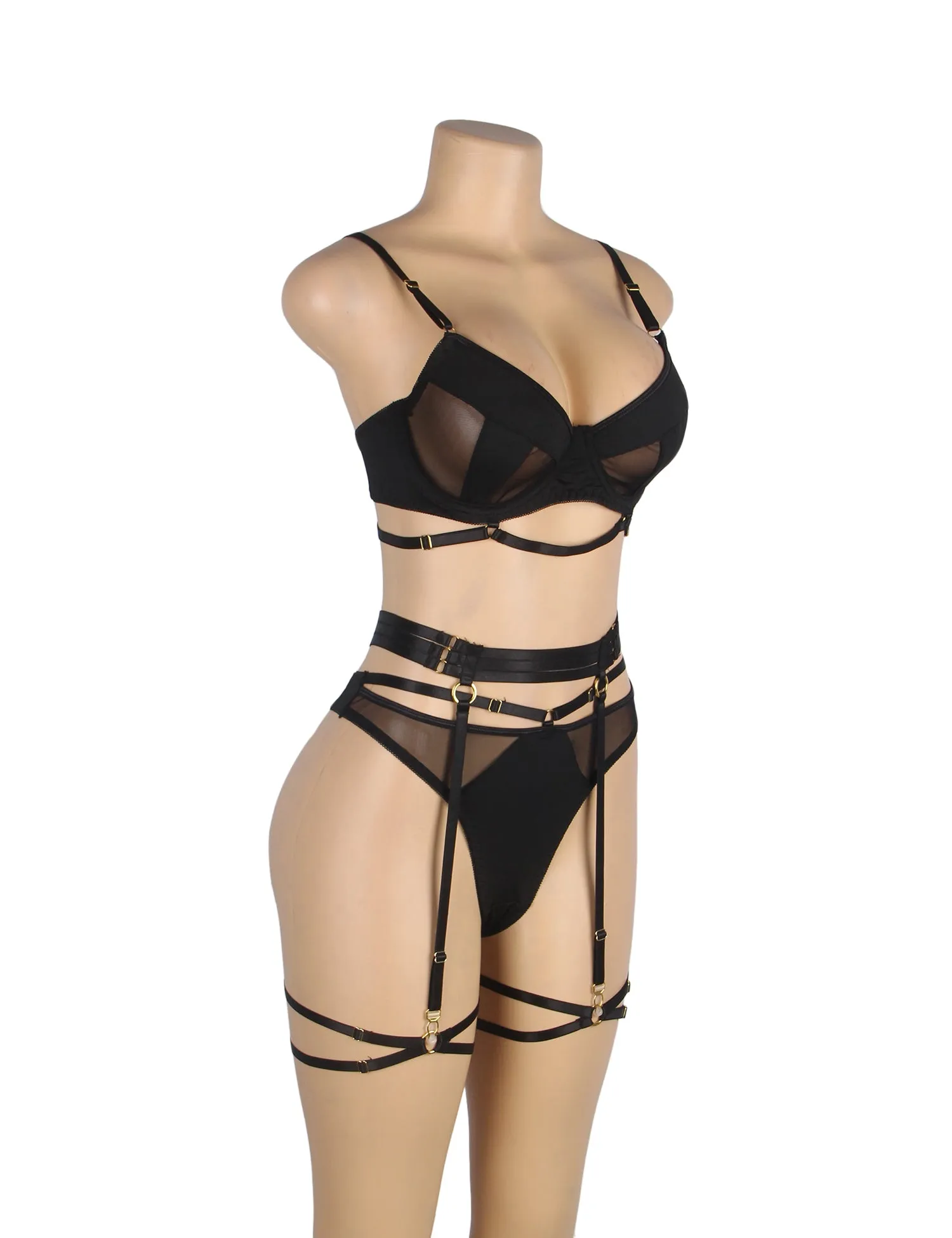 Black Mesh Underwire Garter Lingerie Set