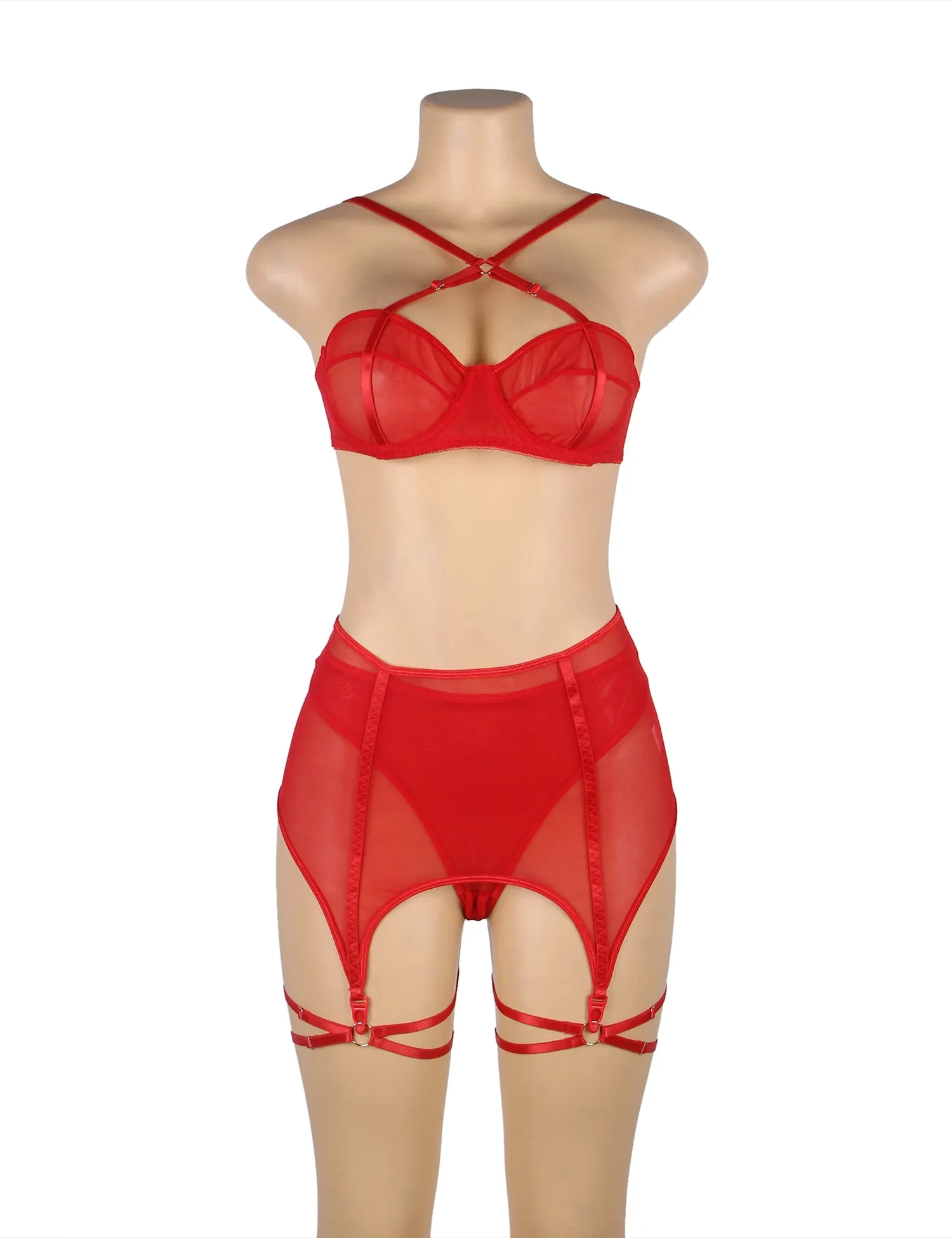 Black Mesh Underwire Garter Lingerie Set