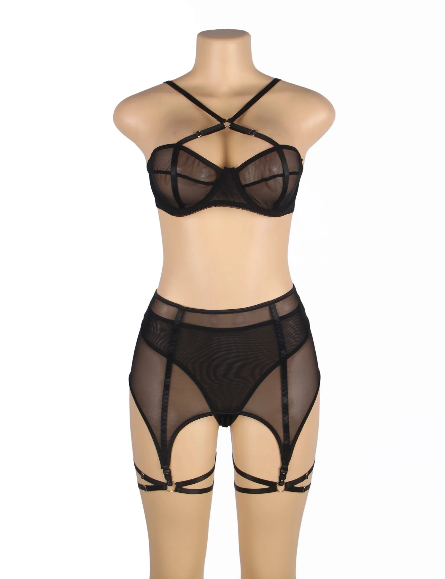 Black Mesh Underwire Garter Lingerie Set