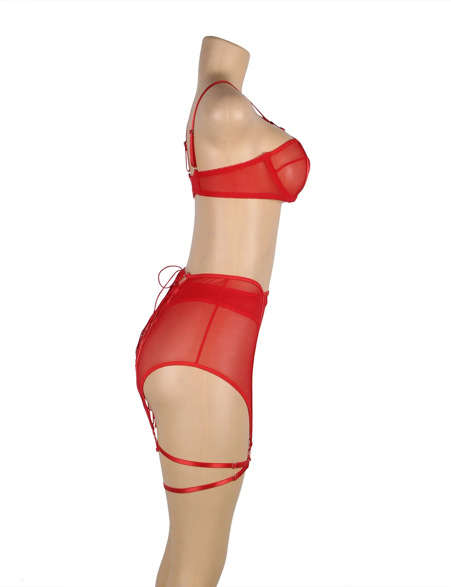 Black Mesh Underwire Garter Lingerie Set