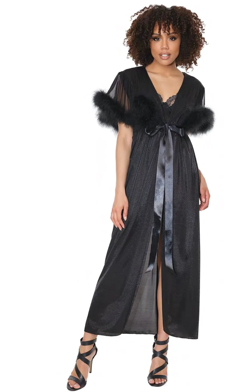 Black, Metallic Semi-Sheer Knit/Mesh, Faux Marabou Robe