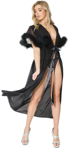Black, Metallic Semi-Sheer Knit/Mesh, Faux Marabou Robe