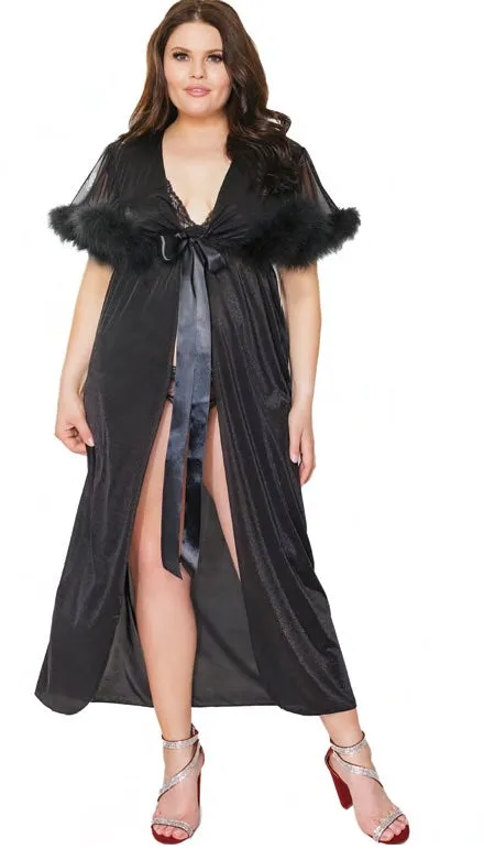 Black, Metallic Semi-Sheer Knit/Mesh, Faux Marabou Robe