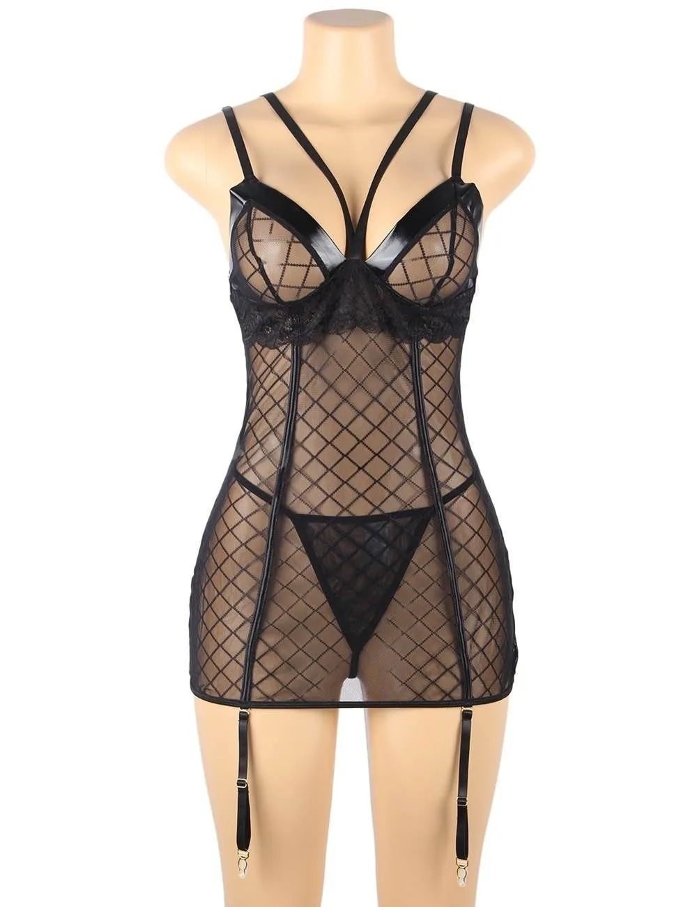 Black Perspective Lace Check Gartered Lingerie