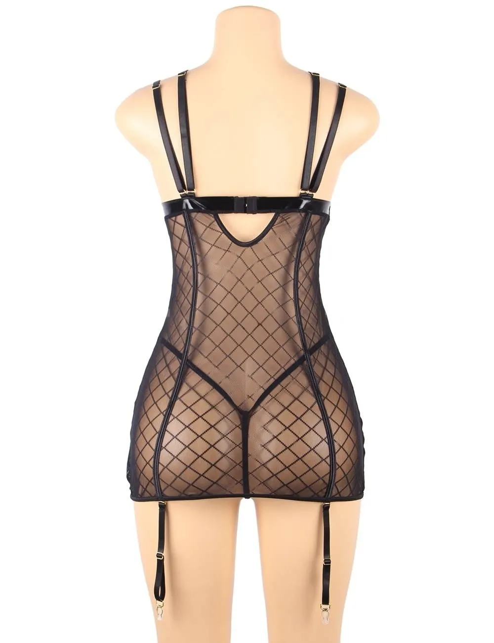 Black Perspective Lace Check Gartered Lingerie