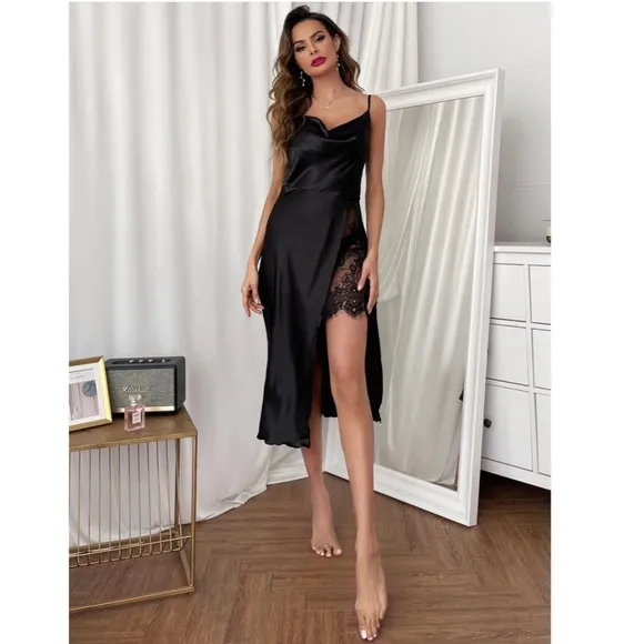 Black Satin Lace Detail High Slit Night Slip