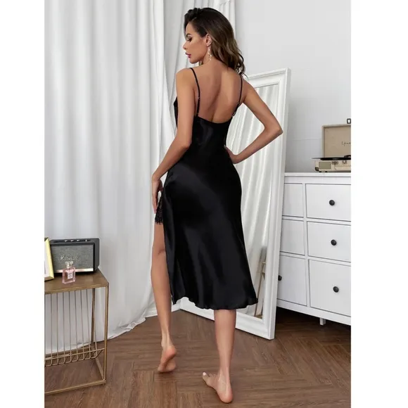 Black Satin Lace Detail High Slit Night Slip