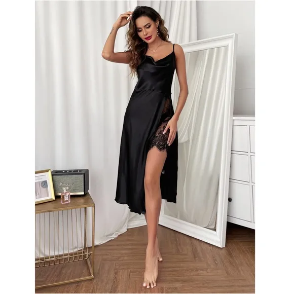 Black Satin Lace Detail High Slit Night Slip