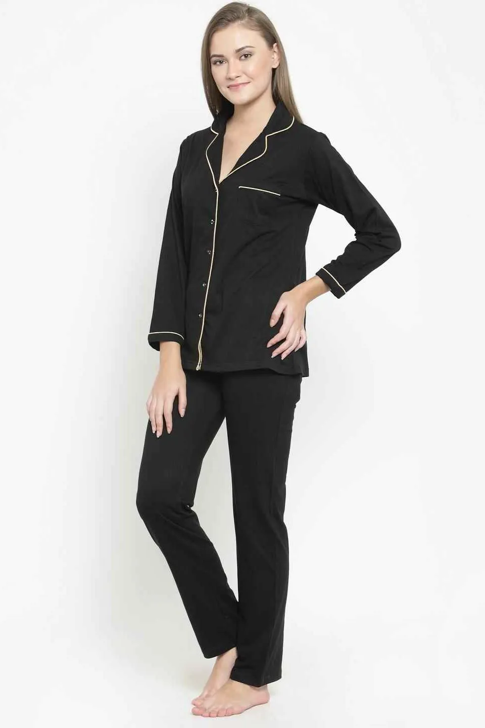 Black Solid Cotton Night Suit for Women | S-XL | Claura