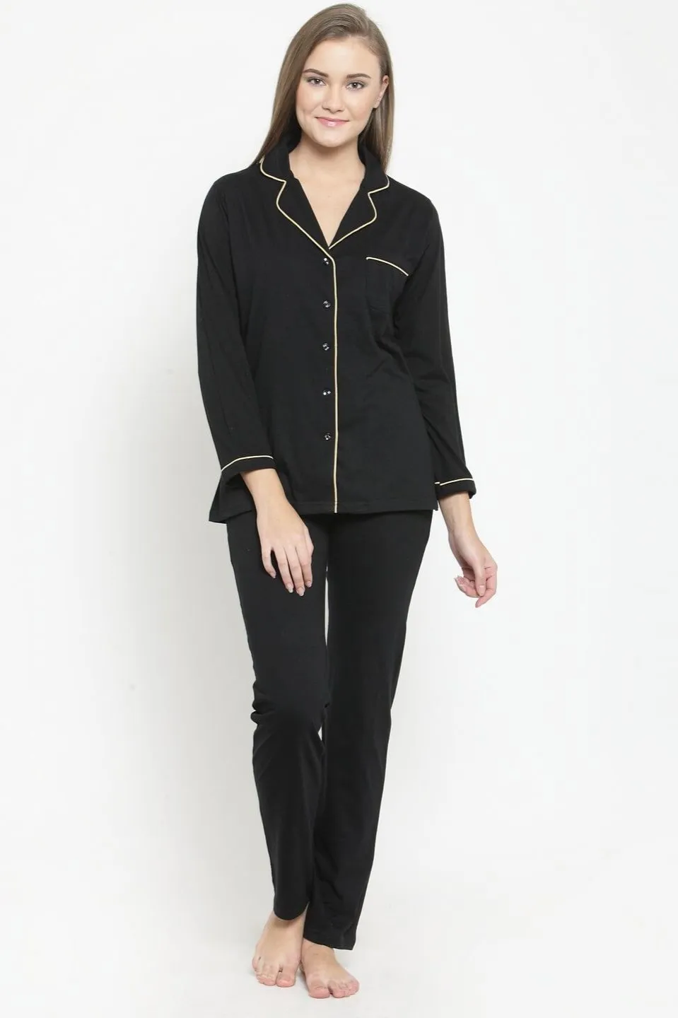 Black Solid Cotton Night Suit for Women | S-XL | Claura