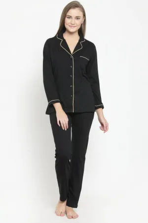 Black Solid Cotton Night Suit for Women | S-XL | Claura