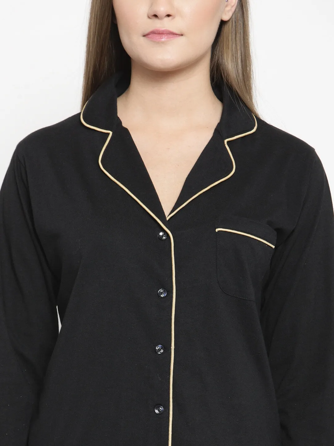 Black Solid Cotton Night Suit for Women | S-XL | Claura