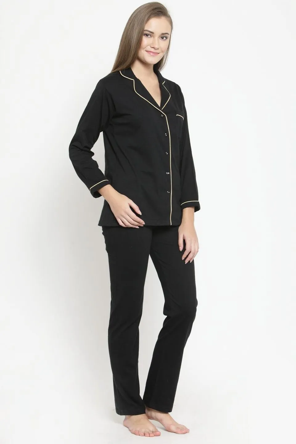 Black Solid Cotton Night Suit for Women | S-XL | Claura