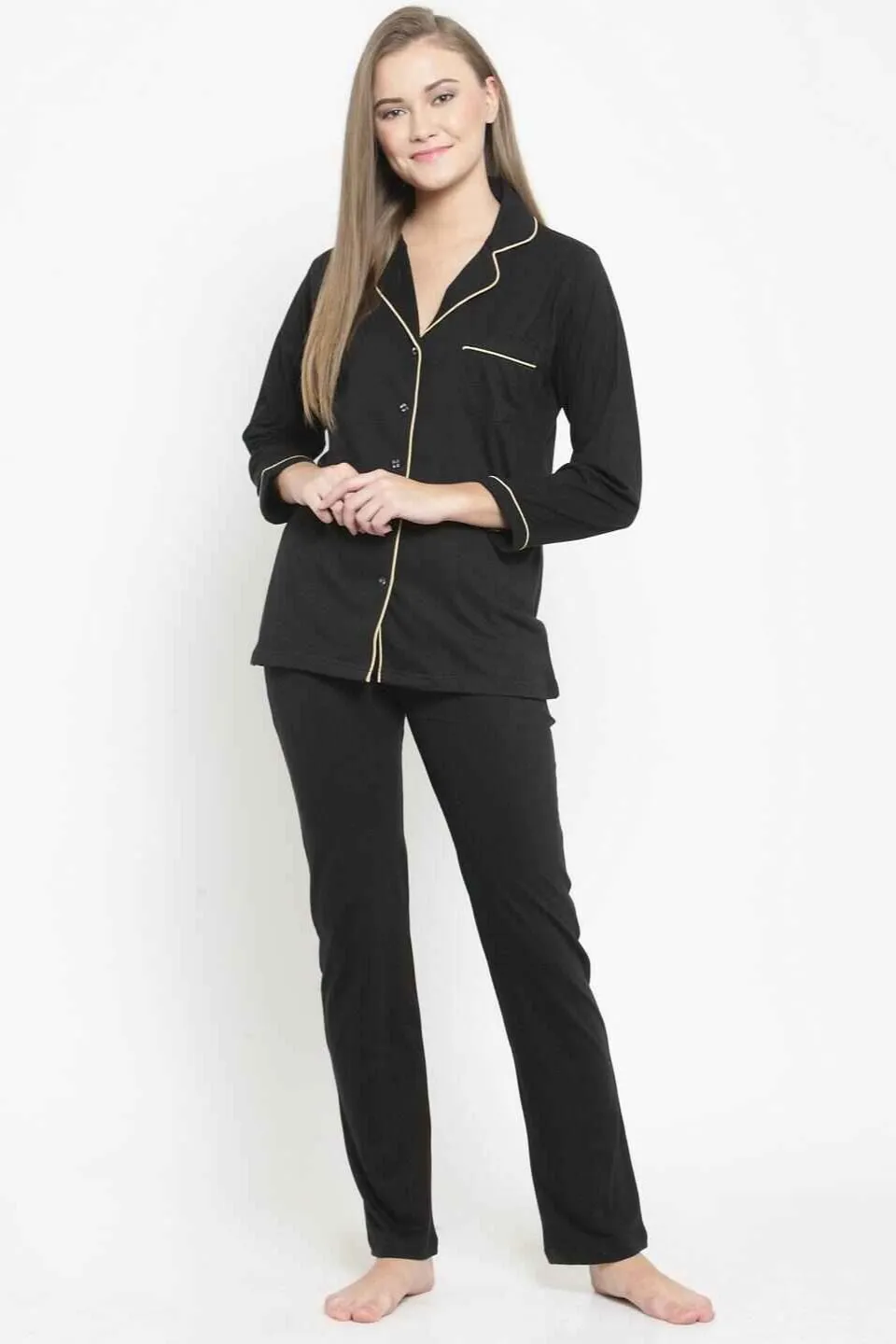 Black Solid Cotton Night Suit for Women | S-XL | Claura