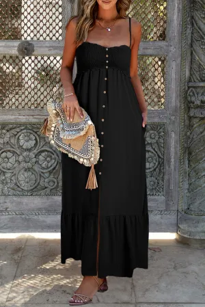 Black Spaghetti Straps Smocked Front Slit Buttoned Dress