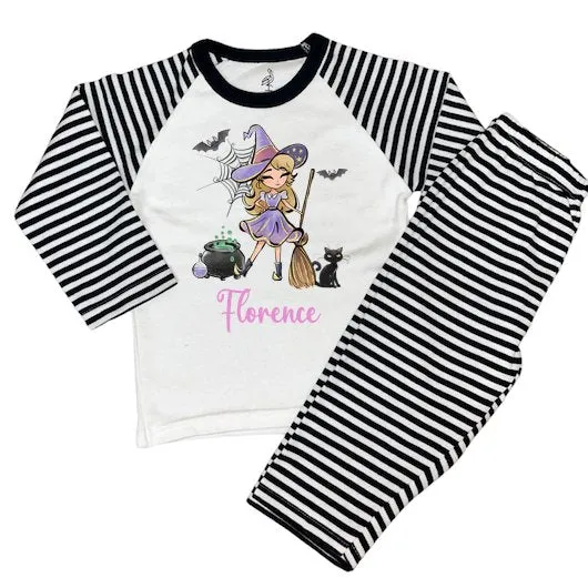 Black Stripe Print Personalised Pyjamas Witch Halloween Design