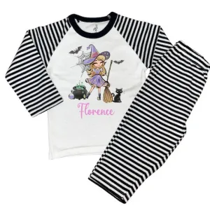 Black Stripe Print Personalised Pyjamas Witch Halloween Design