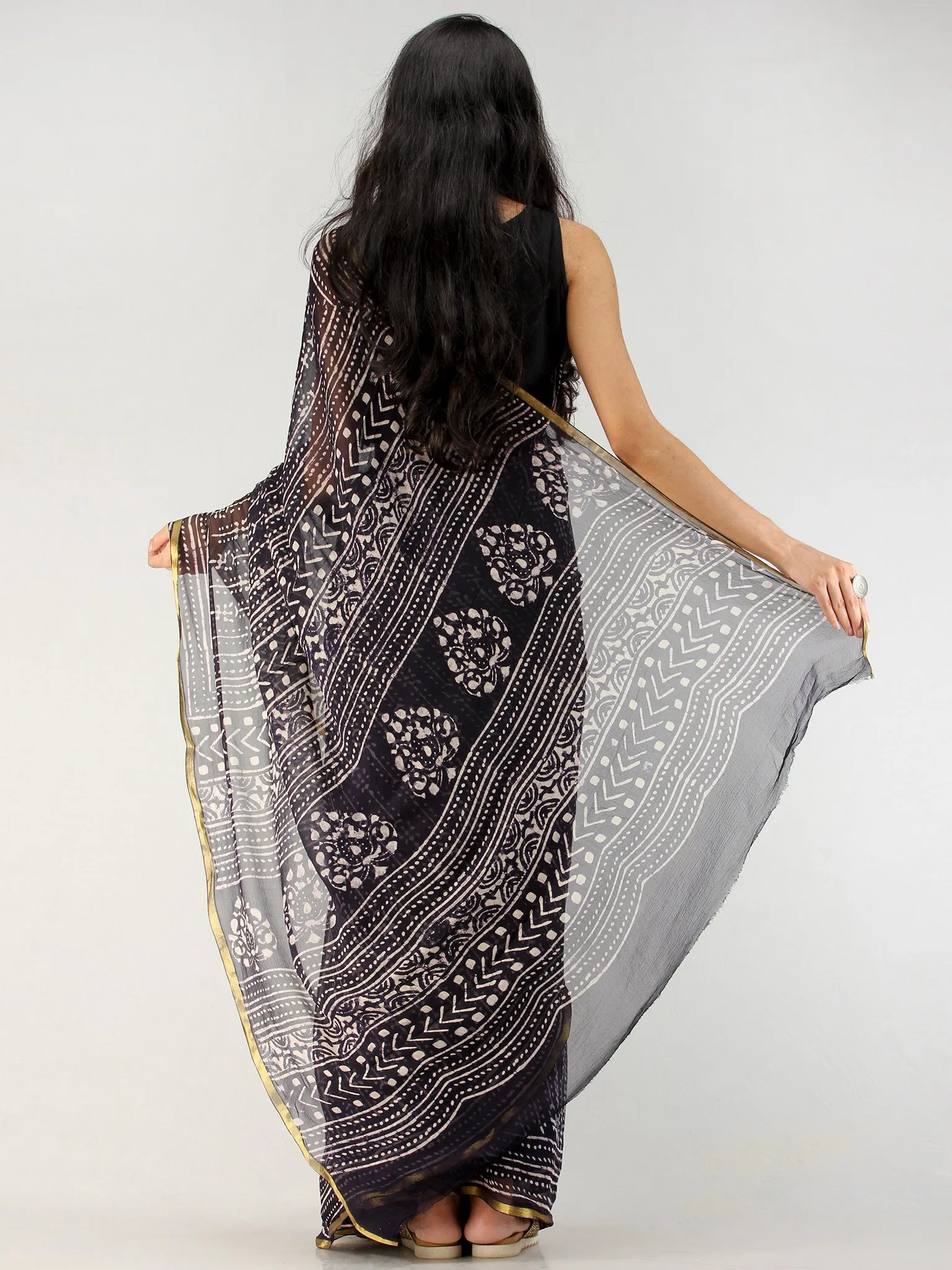 Black White Hand Block Printed Chiffon Saree with Zari Border - S031704552