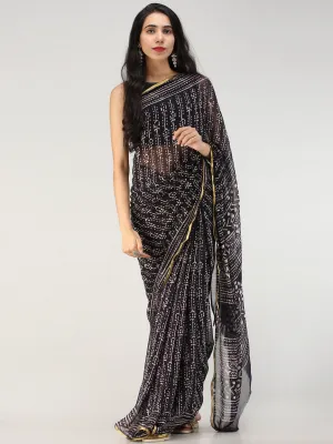 Black White Hand Block Printed Chiffon Saree with Zari Border - S031704552