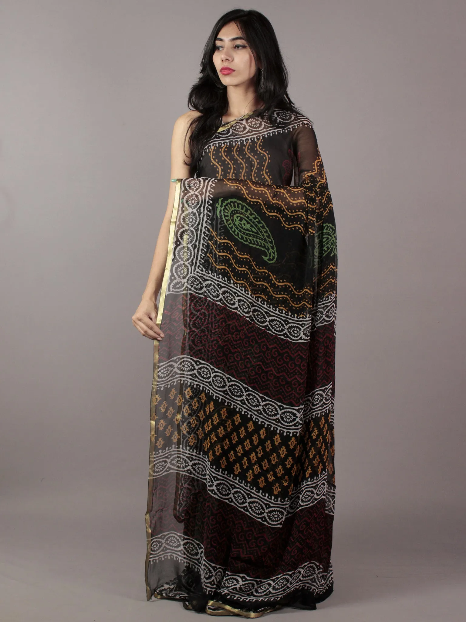 Black White Orange Green Red Hand Block Printed Chiffon Saree - S031701826