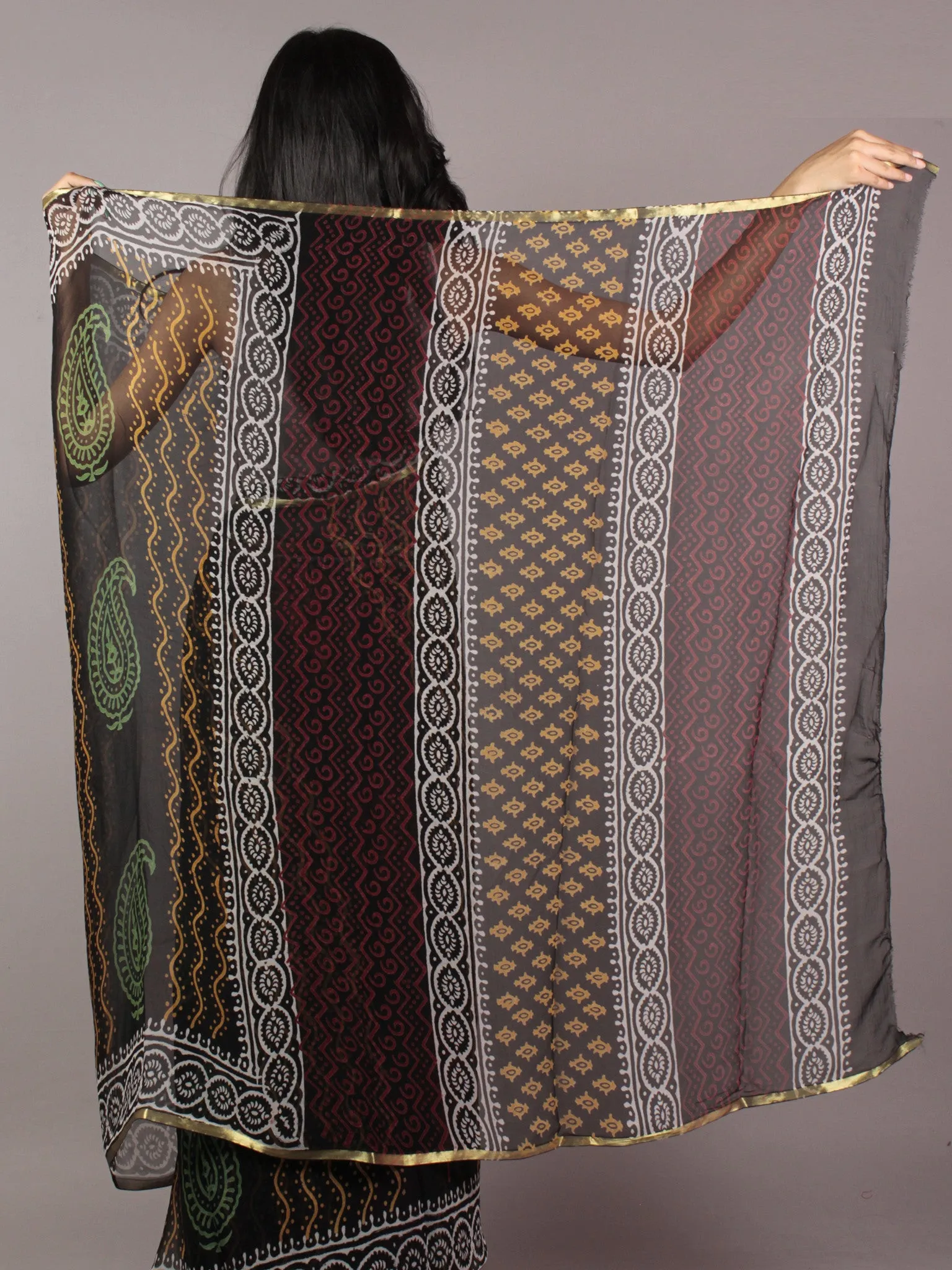 Black White Orange Green Red Hand Block Printed Chiffon Saree - S031701826