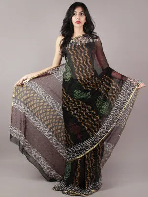 Black White Orange Green Red Hand Block Printed Chiffon Saree - S031701826