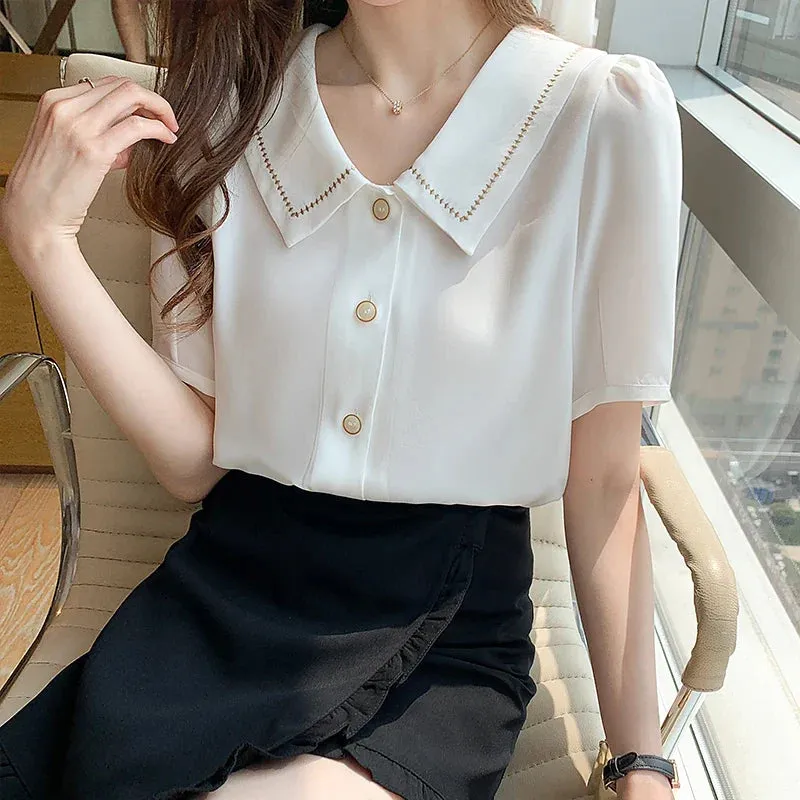 Blouses Tops Women Turn Down Collar Blouse Women White Blouse Short Sleeve Chiffon Blouse