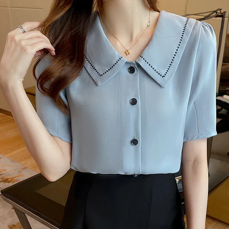 Blouses Tops Women Turn Down Collar Blouse Women White Blouse Short Sleeve Chiffon Blouse
