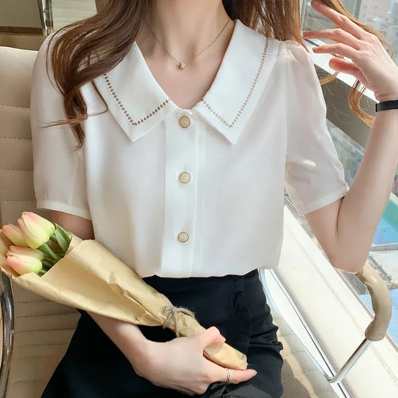 Blouses Tops Women Turn Down Collar Blouse Women White Blouse Short Sleeve Chiffon Blouse