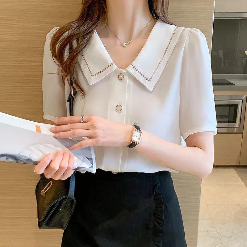 Blouses Tops Women Turn Down Collar Blouse Women White Blouse Short Sleeve Chiffon Blouse