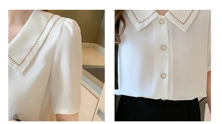 Blouses Tops Women Turn Down Collar Blouse Women White Blouse Short Sleeve Chiffon Blouse