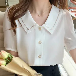 Blouses Tops Women Turn Down Collar Blouse Women White Blouse Short Sleeve Chiffon Blouse
