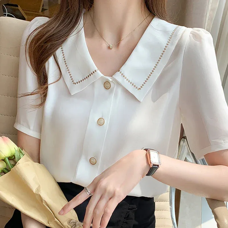 Blouses Tops Women Turn Down Collar Blouse Women White Blouse Short Sleeve Chiffon Blouse