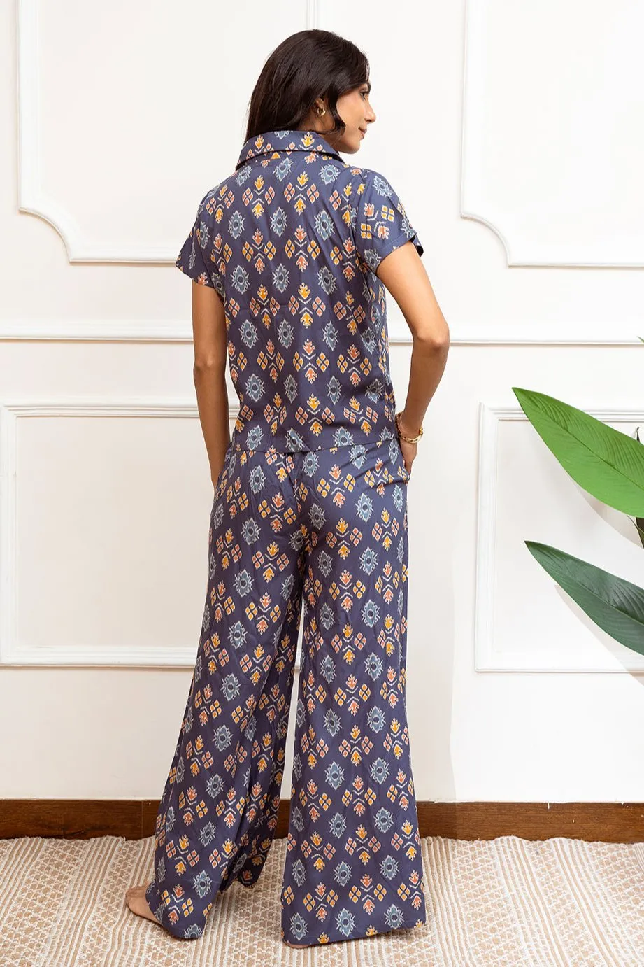 Blue Abstract Printed Viscose Rayon Night Suit for Women | S-XL | Claura