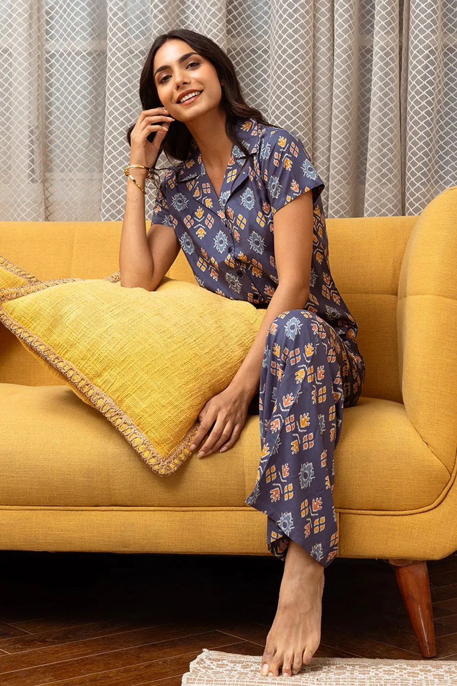 Blue Abstract Printed Viscose Rayon Night Suit for Women | S-XL | Claura