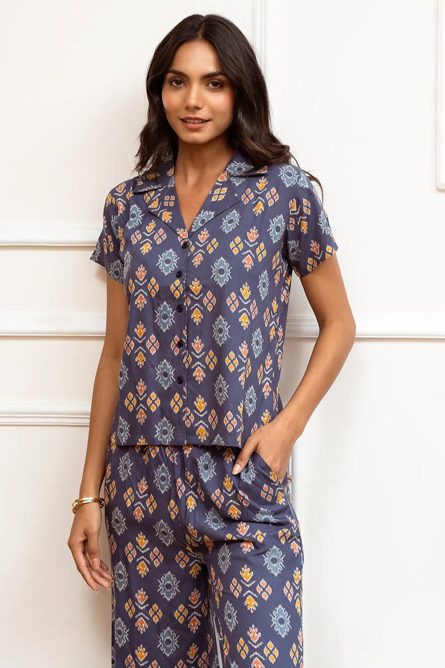Blue Abstract Printed Viscose Rayon Night Suit for Women | S-XL | Claura