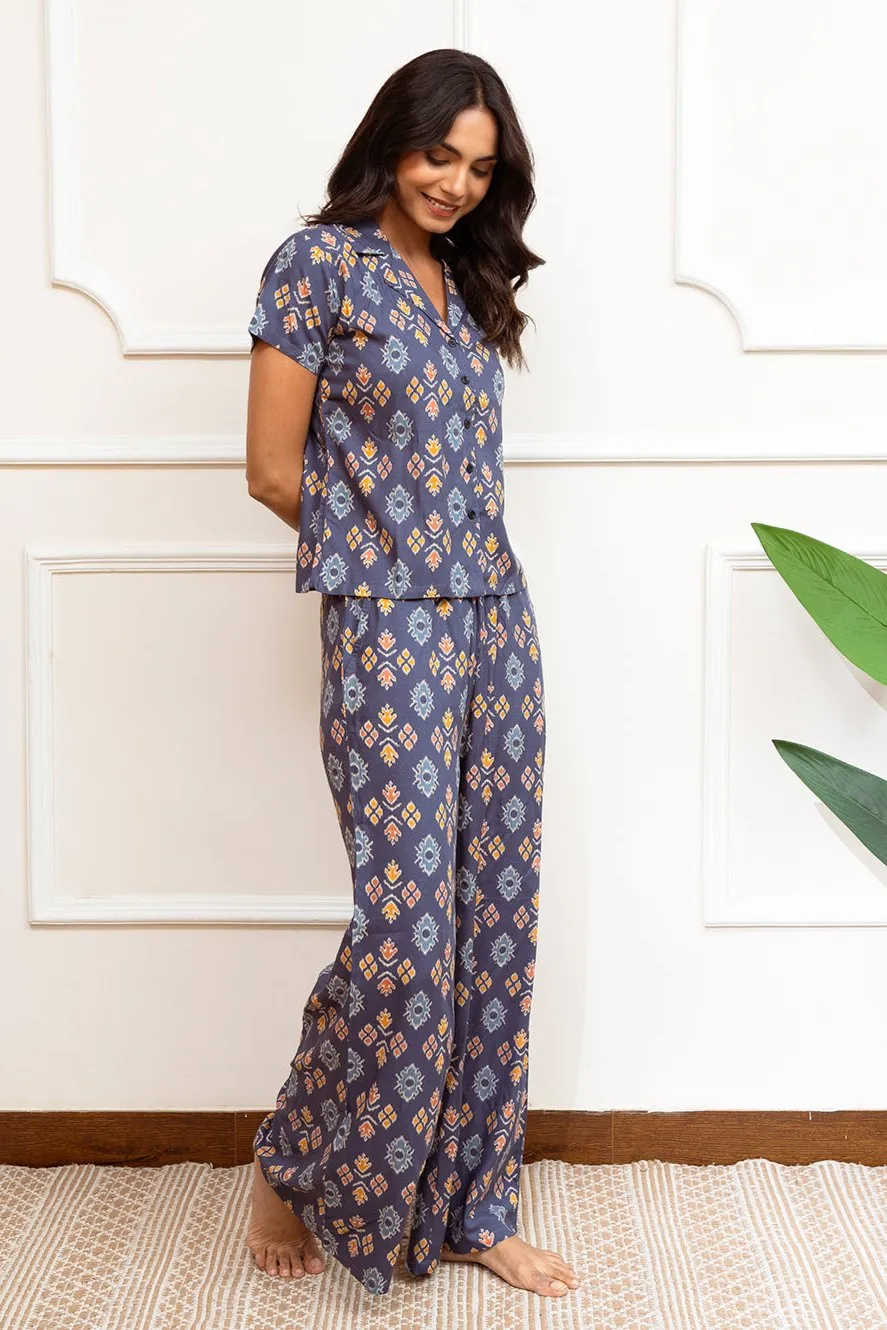 Blue Abstract Printed Viscose Rayon Night Suit for Women | S-XL | Claura