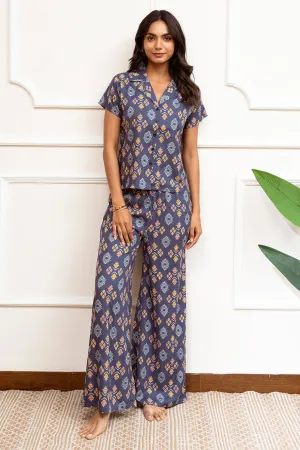 Blue Abstract Printed Viscose Rayon Night Suit for Women | S-XL | Claura