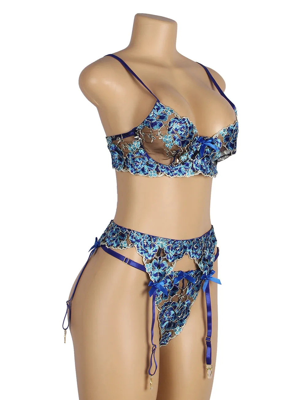 Blue Floral Lace Underwire Garter Bra Set Egypt