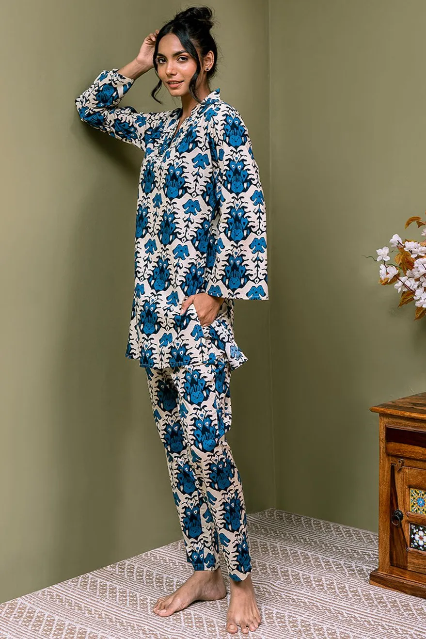 Blue Floral Printed Cotton Night Suit for Women | S-3XL | Claura