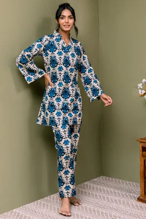 Blue Floral Printed Cotton Night Suit for Women | S-3XL | Claura