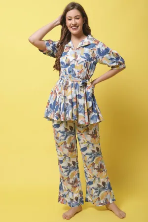 Blue Floral Printed Cotton Night Suit for Women | S-XL | Claura