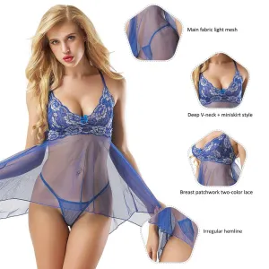 Blue Sheer Mesh Babydoll Lingerie With G String
