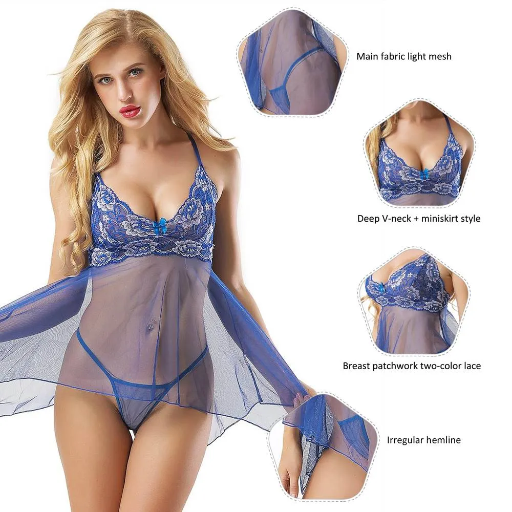 Blue Sheer Mesh Babydoll Lingerie With G String