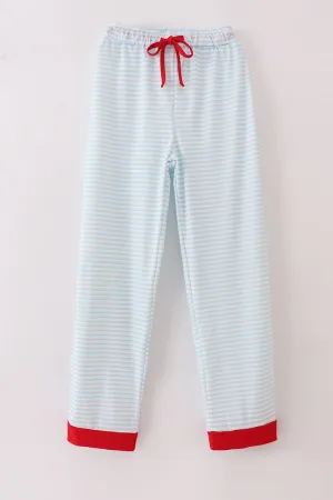 Blue Stripe Christmas Santa Claus Embroidery Men Pajamas Pants
