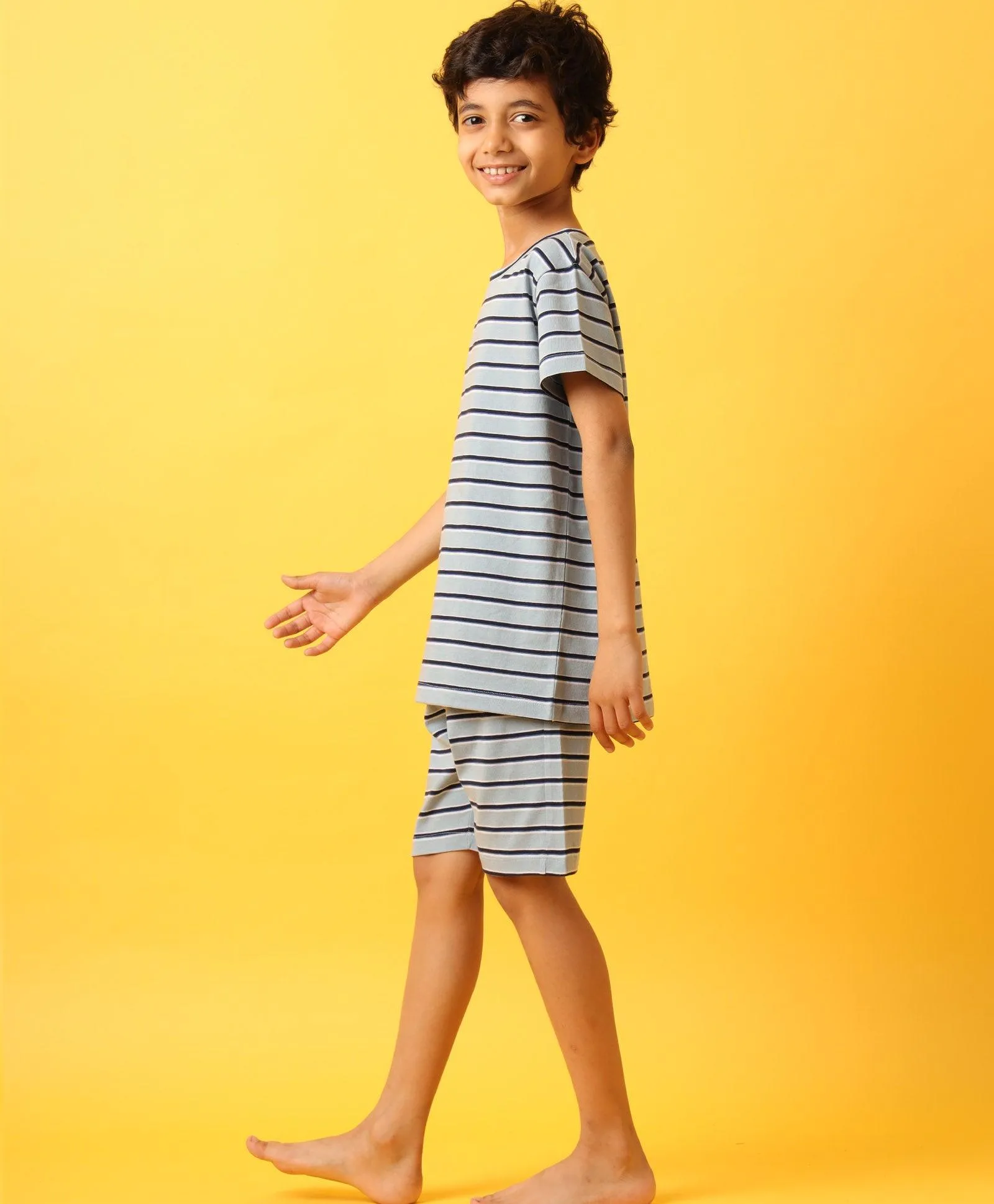 BLUE  WHITE NAVY STRIPE SLEEPWEAR SHORT SET-BLUE