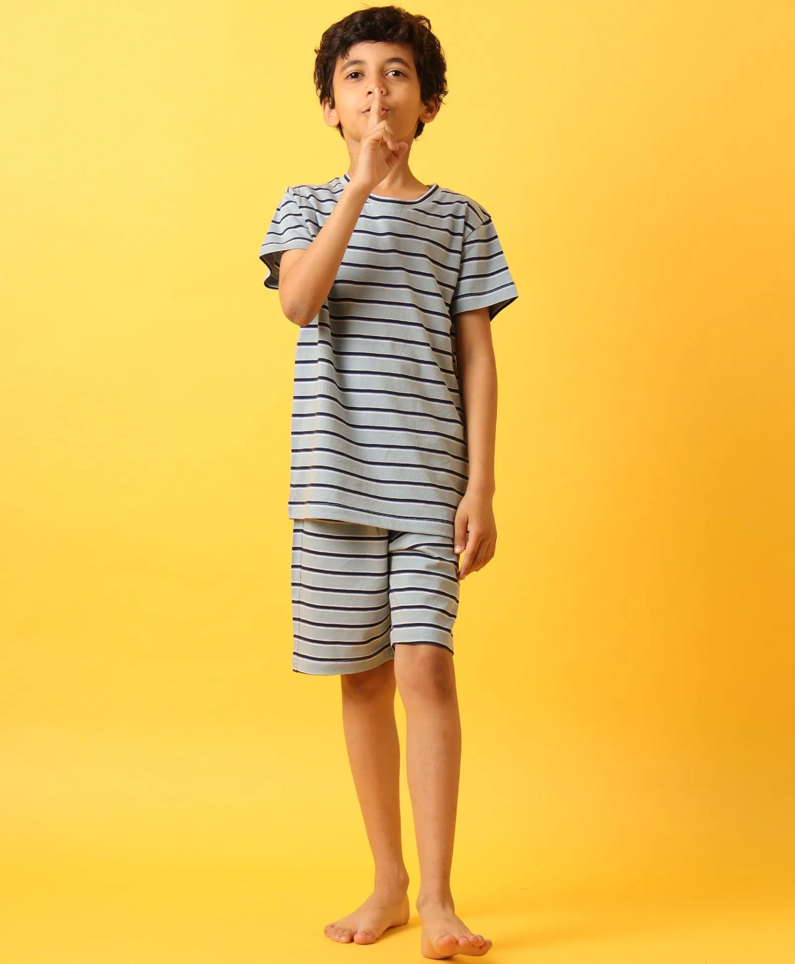 BLUE  WHITE NAVY STRIPE SLEEPWEAR SHORT SET-BLUE