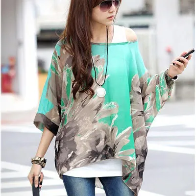 Blusas Summer Tops Plus Size Women Clothing 2017 New Style Batwing Sleeve Women Blouses Floral Print Women's Chiffon Shirts